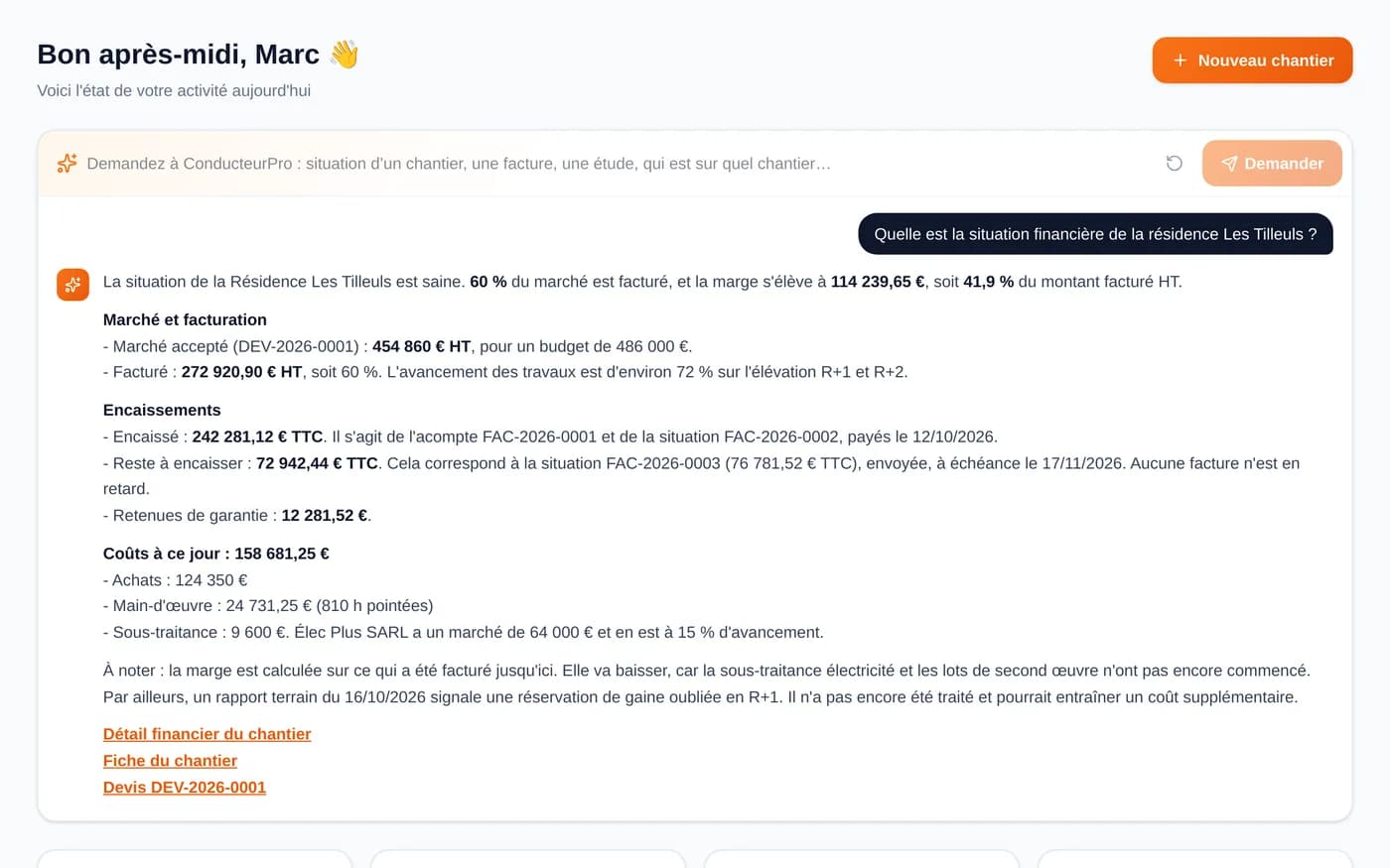 L’assistant de ConducteurPro répond à une question sur la situation financière d’un chantier