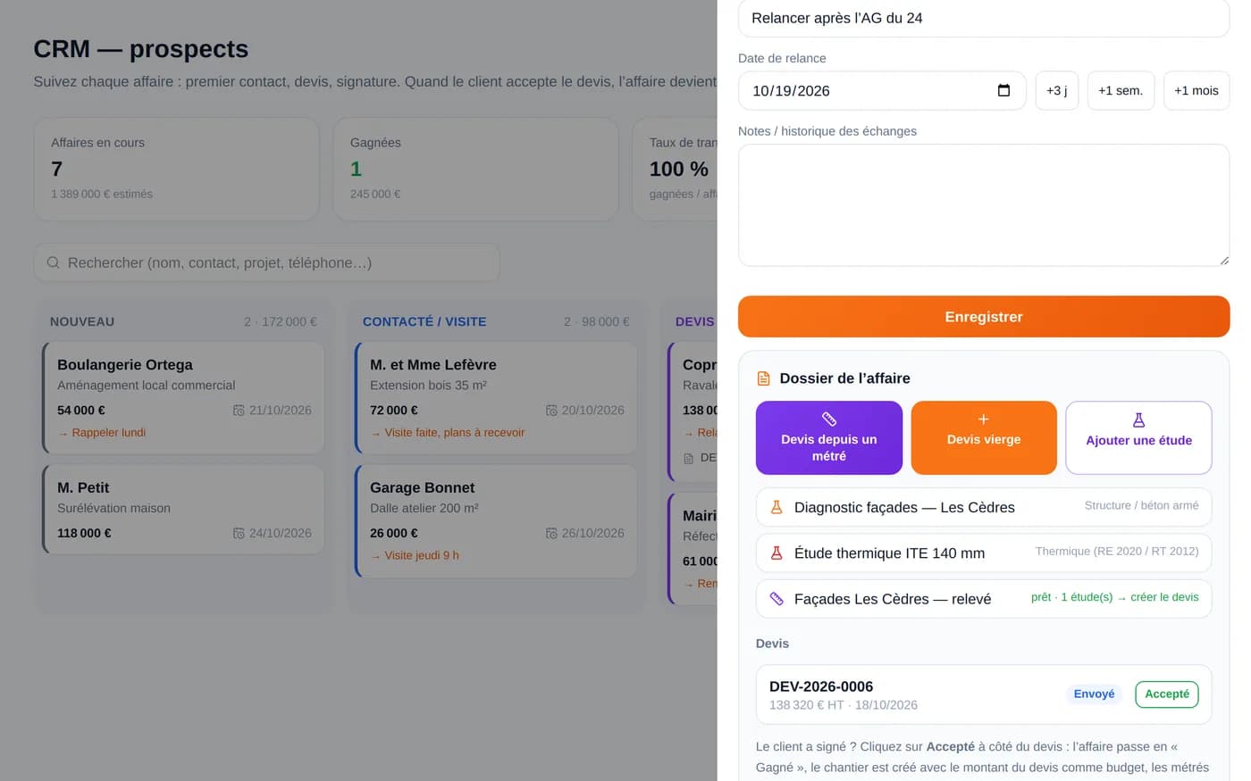 Capture d’écran ConducteurPro : CRM - dossier de l’affaire