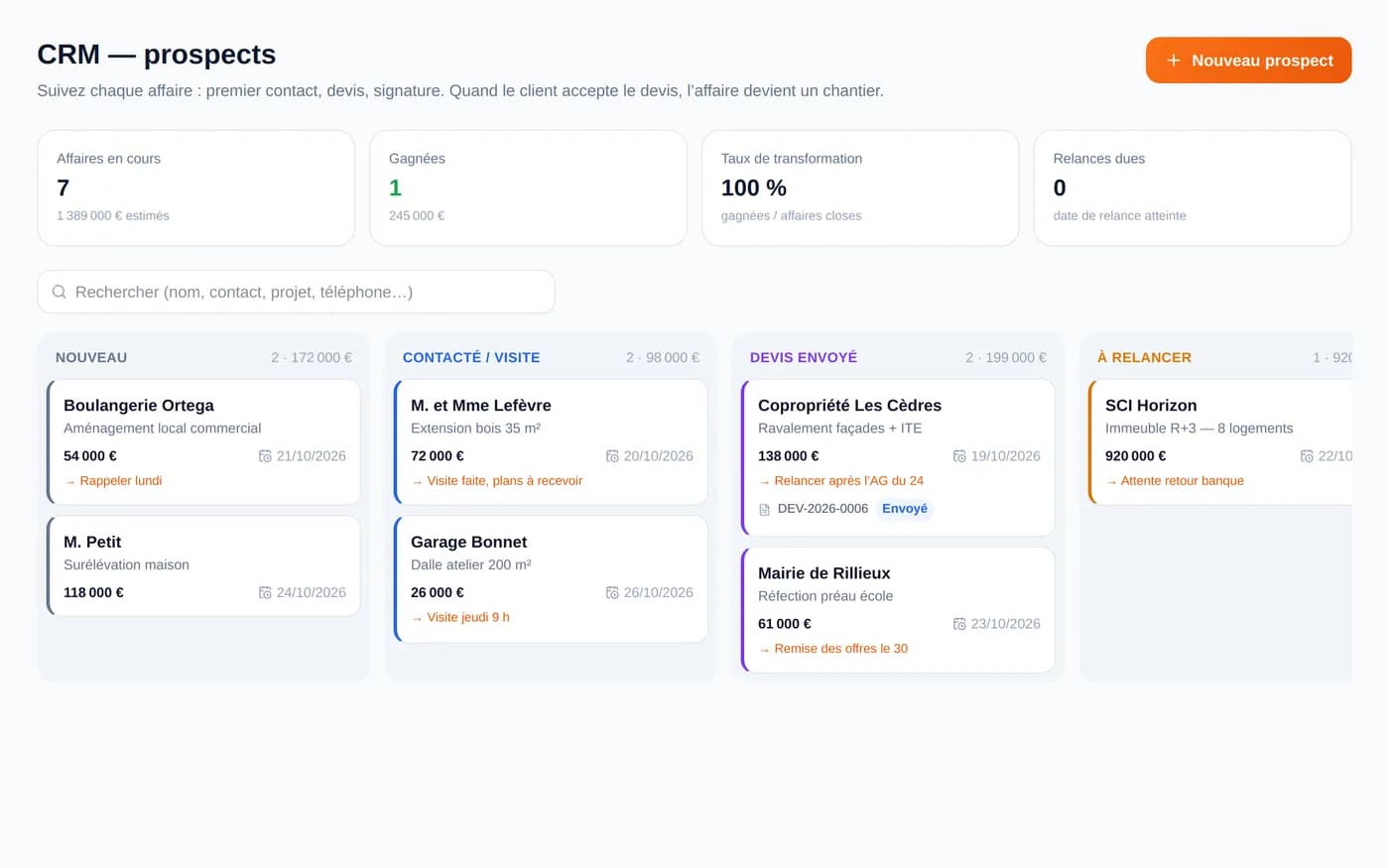 Capture d’écran ConducteurPro : CRM pour les entreprises du bâtiment