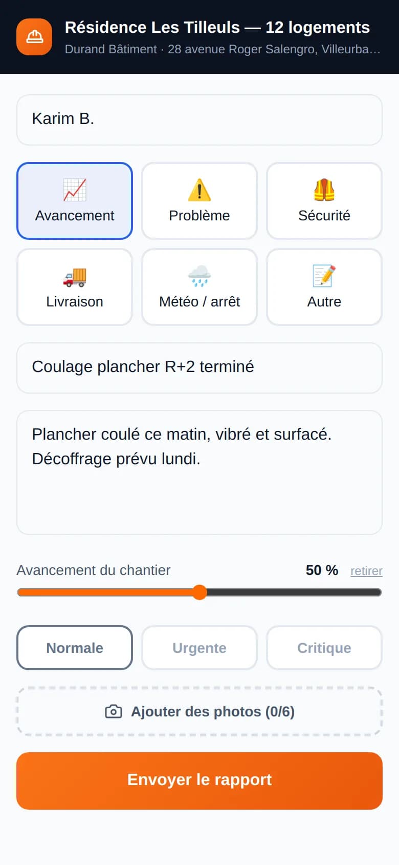 Rapport de chantier envoyé depuis un téléphone